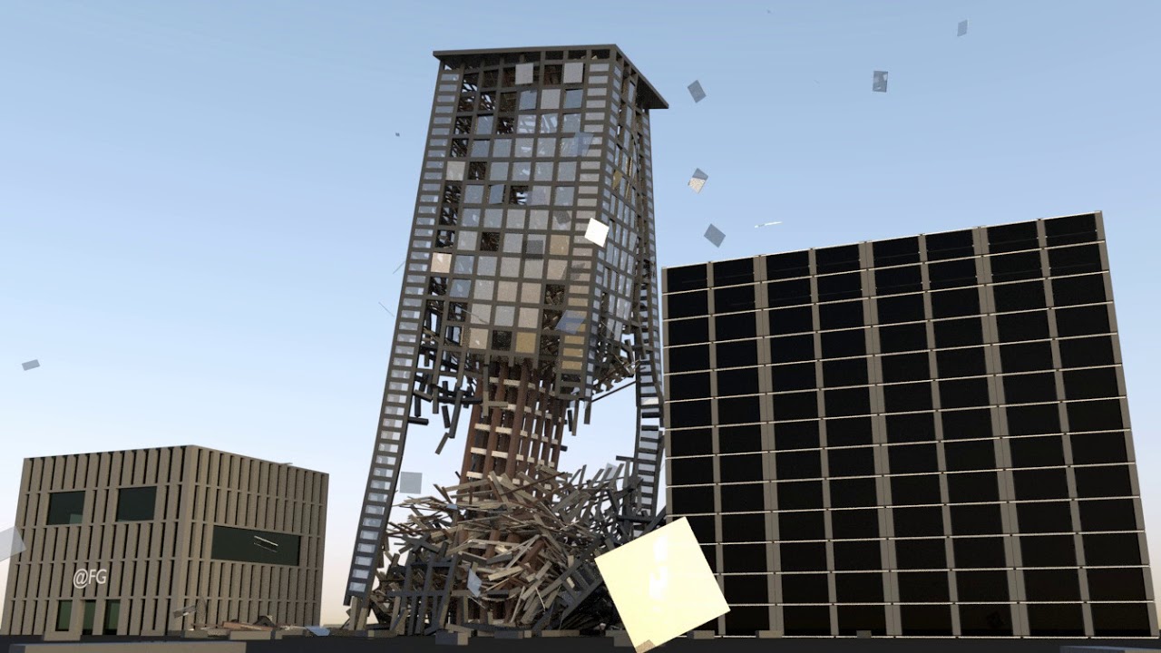 Tower collapse simulation 3D [Blender bullet constraints builder] explode columns at base