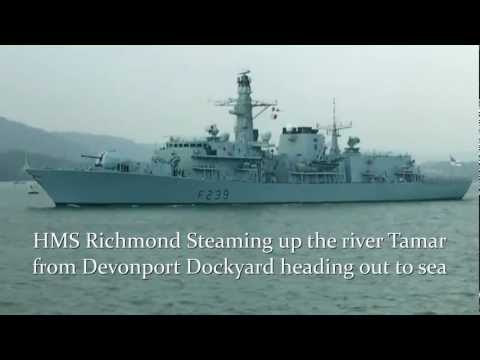 HMS Richmond steaming up the river Tamar from Devonport Dockyard in Plymouth 25-10-12