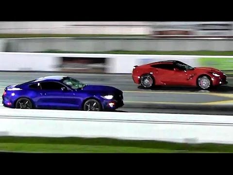 2015 Mustang EcoBoost vs 2014 Corvette 1/4 mile Drag Race Video - Road Test TV ®
