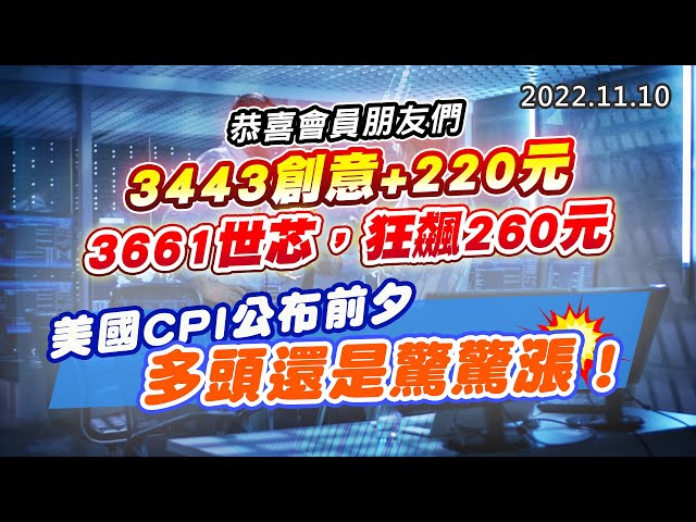 20221110《股市最錢線》#高閔漳 恭喜會員朋友們，3443創意+220元“”3661世芯，狂飆260元”“美國CPI公布前夕，多頭還是驚驚漲！！