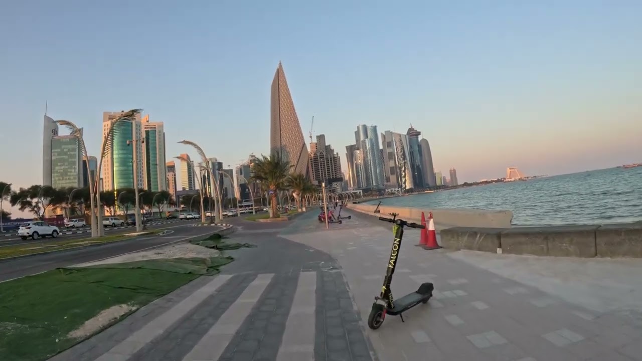 Immersive street-level walking tour through Doha Corniche, Qatar, showcasing authentic urban landscapes, local architecture, and the vibrant atmosphere of the city's neighborhoods