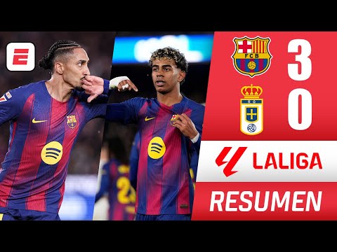 Barcelona goleó 3-0 a Real Oviedo y recuperó el liderato. Goles de Olmo, Raphinha y Lamine | La Liga