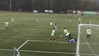 Goalkeeper goes through forward's legs to keep control of ball