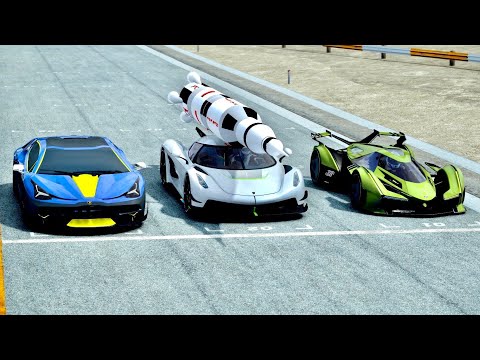 Koenigsegg Jesko Saturn V Rocket Engine vs Lamborghini V12 Vision GT vs Lamborghini Scorpion - Drag