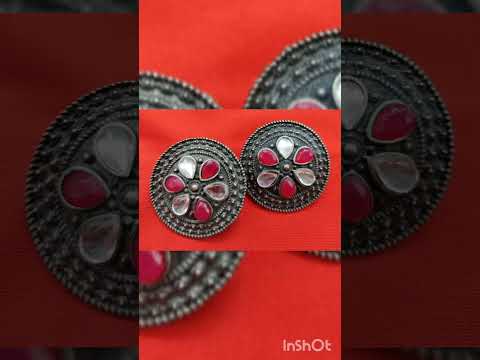 Silver Look Like Designer Round Shape Ruby White Stone Stud Earring