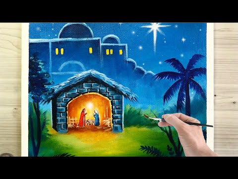 Christmas Crib Easy Acrylic Painting For Beginners - Step By Step / Daily Art Challenge #274