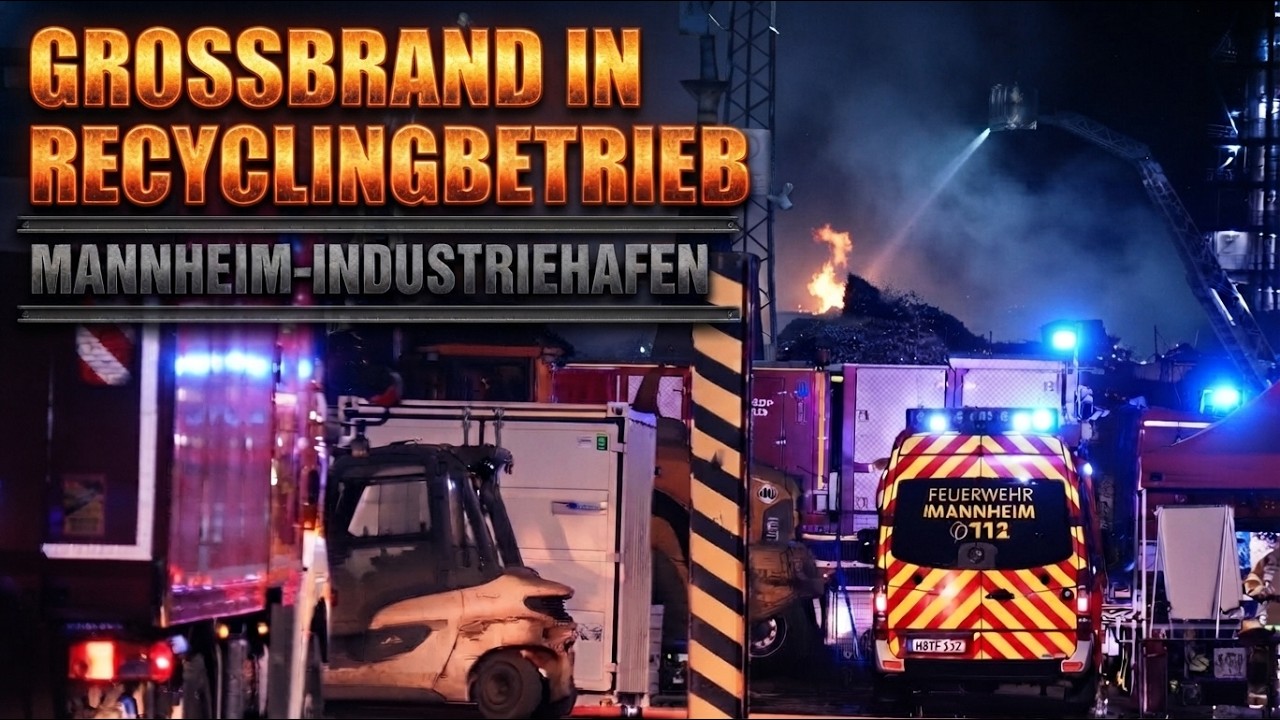 Großbrand in einem Recyclinghof im Mannheimer Industriehafen - Feuerwehr mit Großaufgebot im Einsatz