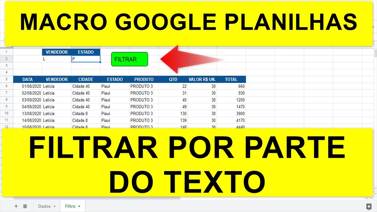 Filtro por PARTE do TEXTO no Google Planilhas via Macro de Script