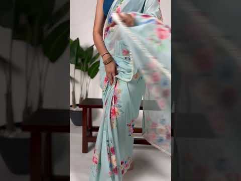 Sky Blue Graceful Weightless Marble Saree with Floral Print & Pearl Lace Border – Includes Banglory Blouse Piece