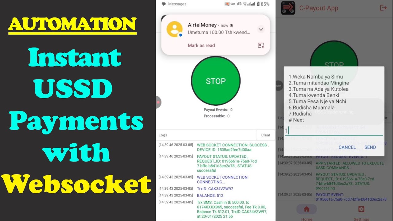 Instant USSD payments using web socket technology with automator android app with techpoty