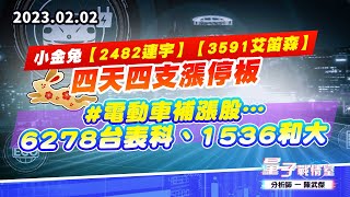 【量子戰情室】#陳武傑 0202 小金兔【2482連宇】【3591艾笛森】四天四支漲停板。#電動車補漲股…6278台表科、1536和大 (圖)