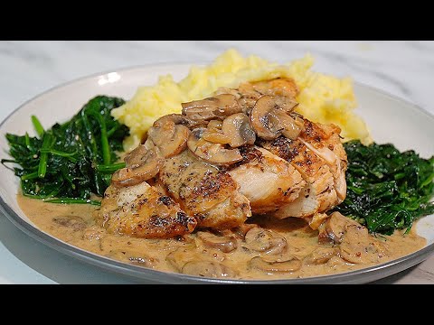 EASY Creamy Mushroom Chicken with Mashed Potatoes & Spinach