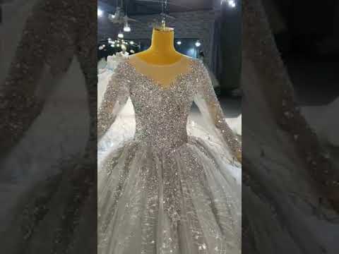 Grey ball gown long sleeve wedding dress with train