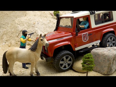 Rescue horse with fire truck police car toys - Toy car story
