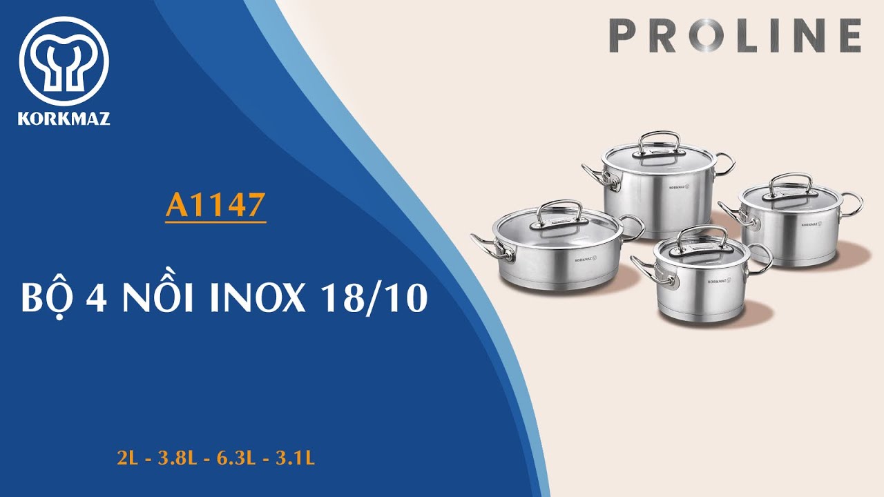 Bộ nồi bếp từ inox 4 món cao cấp Korkmaz Proline nắp kính 2l, 4l, 6.3l, 3.1l - A1147