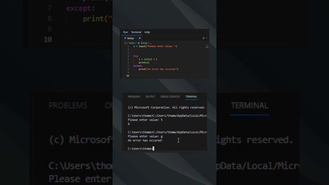 Python try & except error handling 📚👨‍💻🐍 #softwareengineer #programming #coding #shorts #python