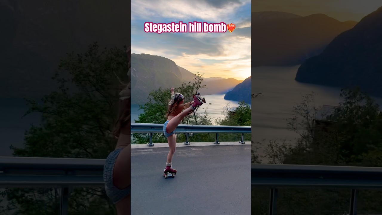 Hiked 2,000 ft up the mountain to bomb the hill from Stegastein lookout point!!😆🌞 #rollerskating