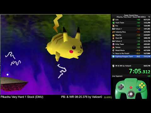 Super Smash Bros. Pikachu, Very Hard 1 Stock No Continues - 07:55.680 (EMU) [WR]