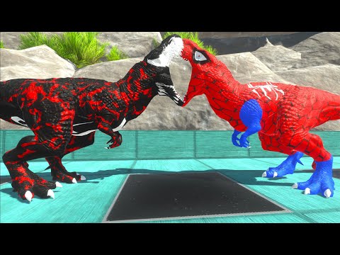 CARNAGE T-REX vs DEADPOOL T-REX vs SPIDERMAN T-REX DEATH RUN -   Animal Revolt Battle Simulator
