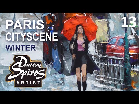 Paris winter street city scene with acrylic and palette knife on canvas