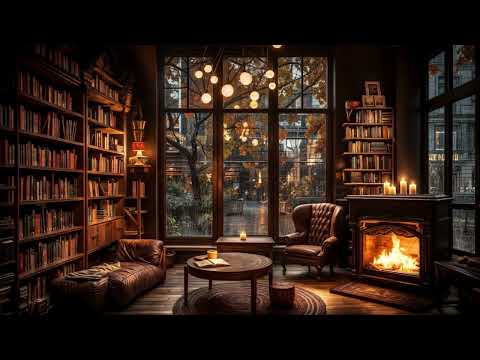 Relaxing Rainy Day in a Cozy Corner Bookshop - Soft Rain and Crackling Fireplace Ambience