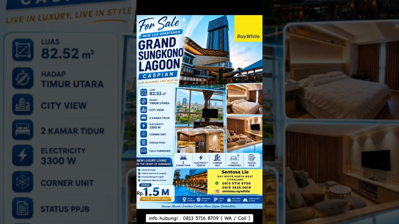 Dijual Apartemen Grand Sungkono Lagoon Tipe 2 Bedroom Corner Suite - Tower Caspian - Lantai 11 - Full Furnished Plus Tv, Ac, Mesin Cuci, Kulkas, Dekat Akses Tol Satelit, Hr. Muhammad , Ciputra World Mall Surabaya