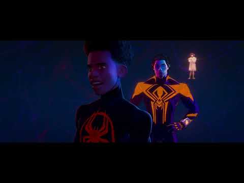 Stylized frame of Miles Morales falling and swinging through a multiverse portal in Across the Spider-Verse