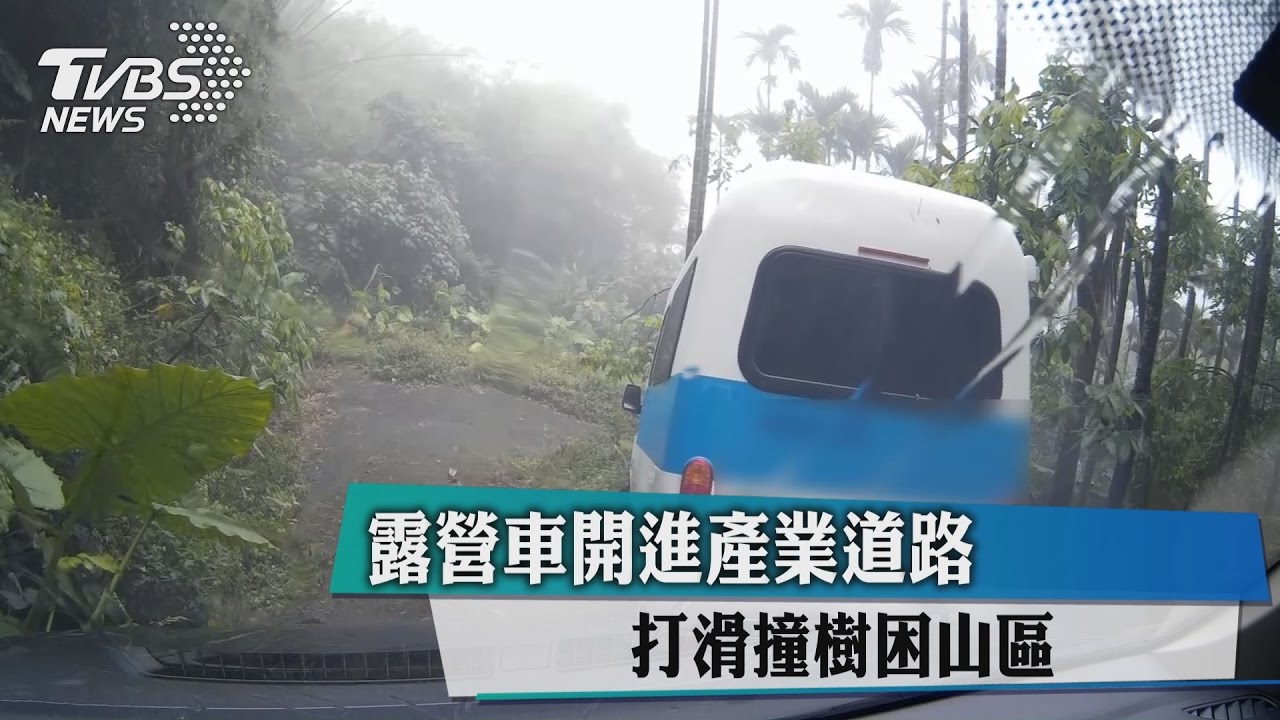 露營車開進產業道路 打滑撞樹困山區