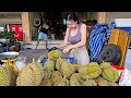 Thai Girl Cutting Selling Ripe Durians Thailand Street Food