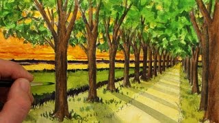 How to Draw a Road with Trees in One-Point Perspective