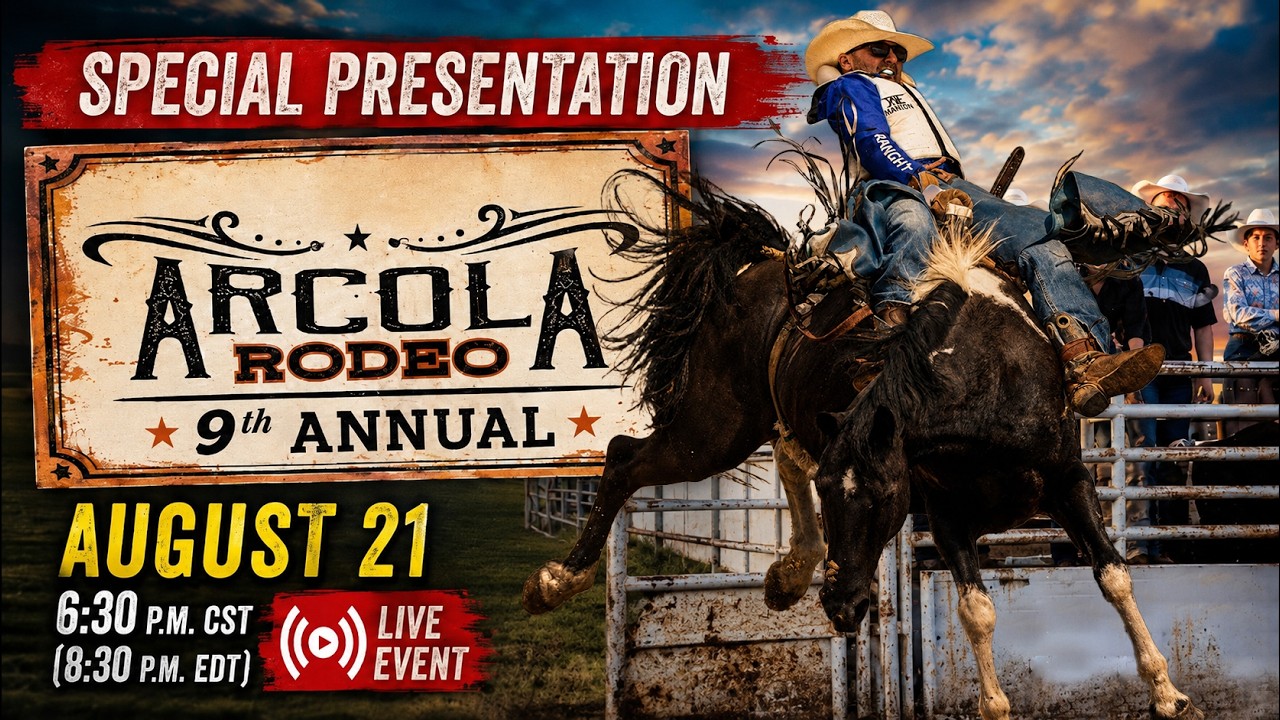 🔴 SPECIAL PRESENTATION  | 9th Annual Arcola Roughstock Rodeo — 6:30 p.m. CST (8:30 p.m. EDT)