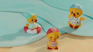 3 bath ducks learning to swim