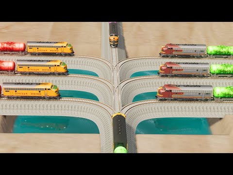 Impossible Colliding Rail Tracks Vs Trains Crossing Giant Pit, Deep Water, Pot Hole - BeamNG.Drive