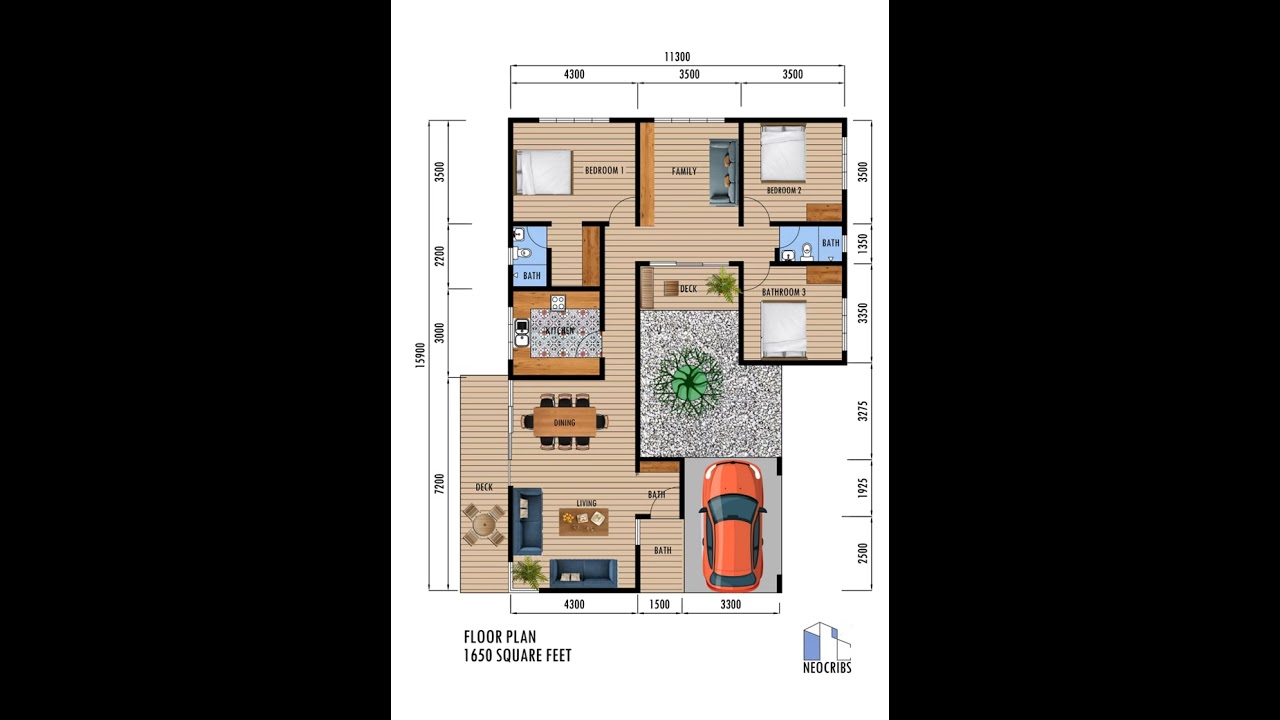 3 BEDROOM HOUSE PLAN WITH FAMILY AREA AND COURTYARD