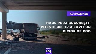 Haos pe A1 București–Pitești: un TIR încărcat cu carne de pui a lovit un picior de pod