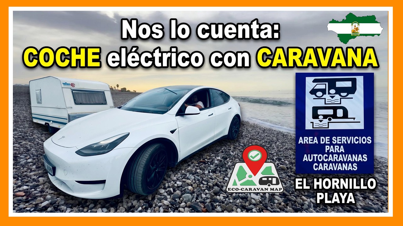 Tesla con caravana en el AREA EL HORNILLO PLAYA en Almayate - Málaga