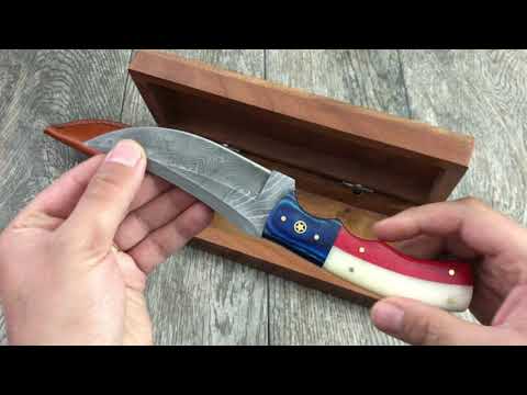 ASH CS84 Damascus Steel Custom Handmade Texas Flag Bushcraft knife with Wooden Box