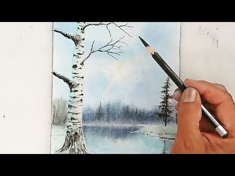 Easy landscape scenery drawing of winter season birch tree with pastels colour.