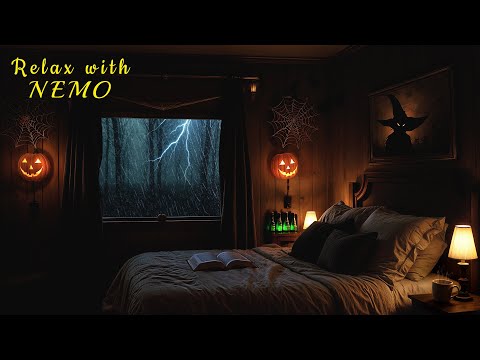 Cozy Night Halloween Train Journey During Thunderstorm 🚂 Dimly Lit Sleeper Train Ambience for Sleep