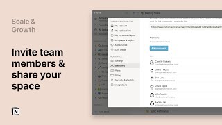 With all the fun stuff you’re creating, you’ll want to bring others into the fold. When and how should you share your creations for different audiences? Learn how managers can use permissions to manage  notes with ease.（00:01:01 - 00:05:29） - Notion 101: Invite team members and share your space