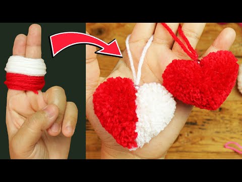 heart shaped pom pom making Idea with finger - valentines day gift ideas 2021 - red heart yarn