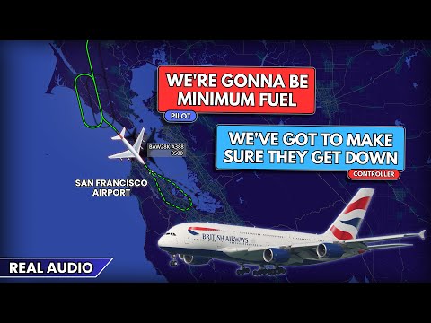 Airbus A380 reaches "Minimum Fuel" 10 minutes prior to landing at San Francisco Airport. Real ATC
