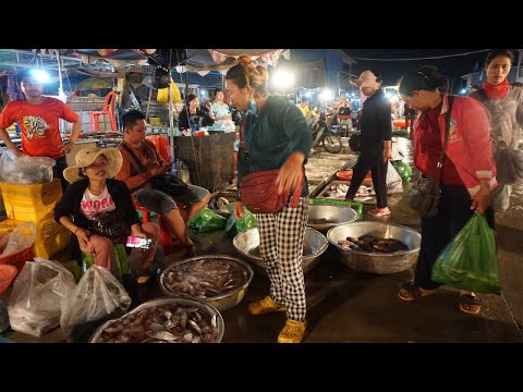 Early Morning Fish Market in Cambodia - Many Alive Fish, Dry Fish, Seafood & More Food Selling Here