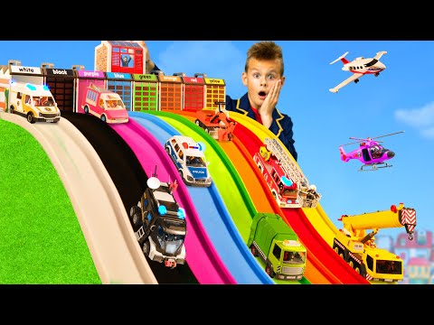 The Kids Play with Toy Cars and Slides