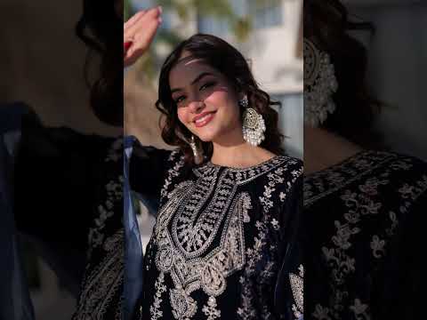 Navy Blue Velvet Zari Embroidered Top Pant Set with Sequins Dupatta