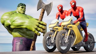 Big & Small Spiderman on a motorcycle vs Hulk Kick | BeamNG.Drive