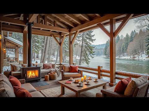 Winter Day at Warm Wooden Lakeside Porch ❄ Relaxing Jazz Background Music for Stress Relief