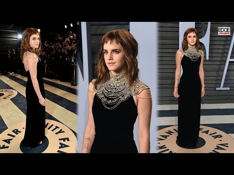 EMMA WATSON black dress fashion at 2018 Vanity Fair Oscar Party