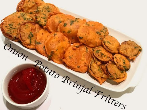 Potato Onion & Brinjal Fritters | Aloo Pakora Baigan Pakora & Onion Pakora | Vegetable fritters Video