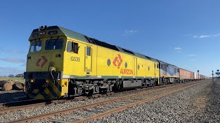 Up 5XM1 Aurizon container train with G535 and RailFirst GL102 and CrewCar at Gheringhap 9/5/2025